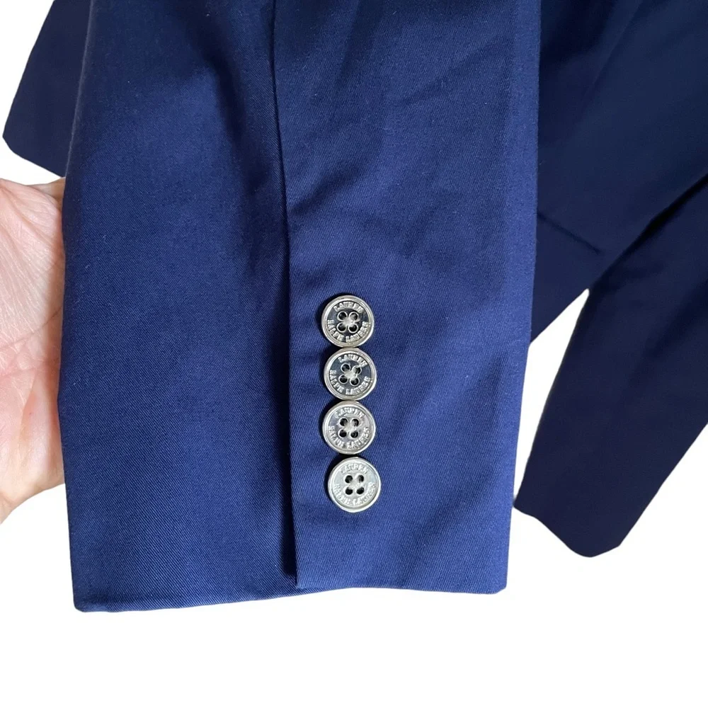 Ralph Lauren Navy Blue Silk‎ Blend Button Front Jacket & Silver Button Size: 14